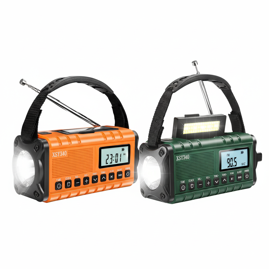 Groene en oranje noodradio met 10000mAh powerbank, zonnepaneel, handzwengel, AM/FM/NOAA weeralarm en SOS-licht