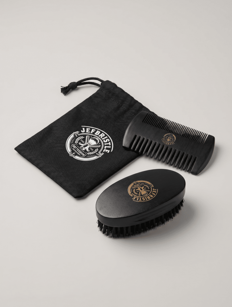 Baardkam en baardborstel Jefbristle set met opbergzak zwart